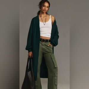 Anthropologie Flat White Livvy Waffle Knit Cardigan: Long Edition Dark Green